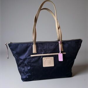 Coach Navy Tote with Tan Handles and Pink Tag